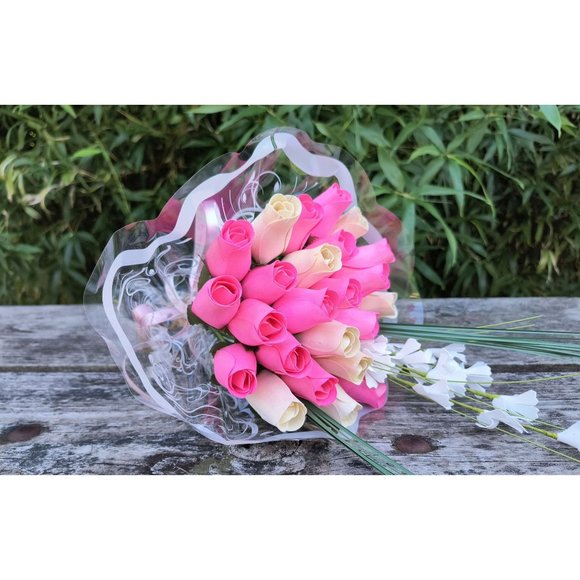 2 Dozen It's A Girl Light Pink and White The Original Wooden Rose Flower Bouquet - Picture 5 of 9